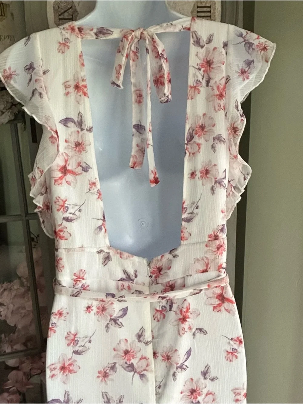 Asymmetrical High-Low Midi Dress Flutter Sleeves Ruffles Pink White Floral Sz XL - Picture 6 of 9